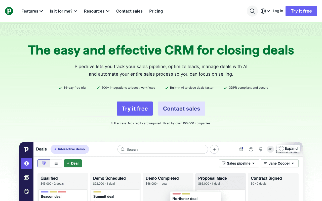 Pipedrive website screenshot